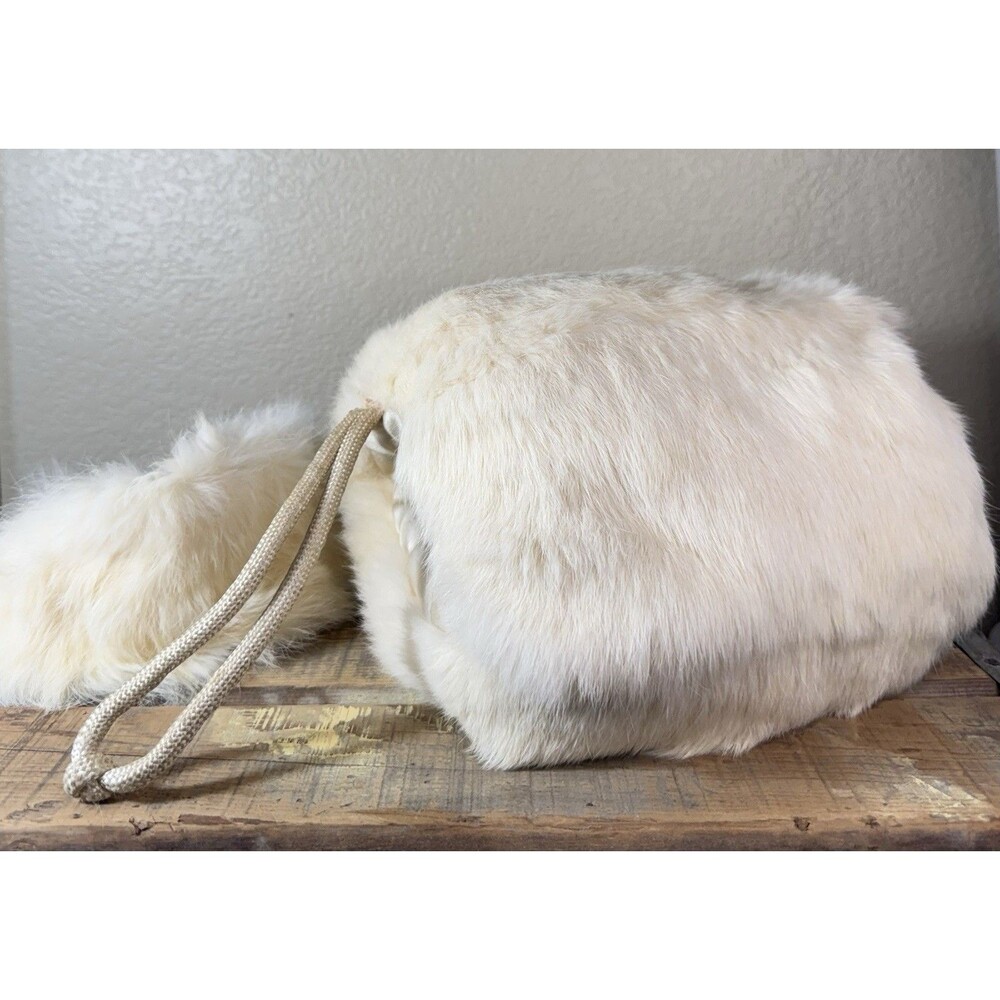 Vintage Winter Set 1950s Skiing White Rabbit Fur Hand Muff Warmer & Hairband